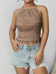 SHEIN 女士夏季简约纯色褶皱露背系带吊带衫 - 咖啡棕 - 查看 7