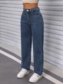 SHEIN PETITE Quần jean nữ dáng casual, có túi và cúc cài, đa năng cho mặc hàng ngày. - Màu xanh lam - Xem 6