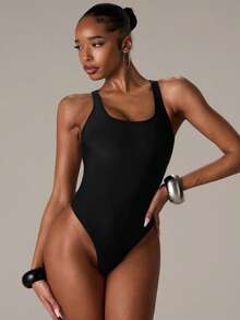 SHEIN BAE Damen Sommer Urlaubs Strand Badeanzug mit Cut-Out-Muster - Schwarz - Übersicht 4