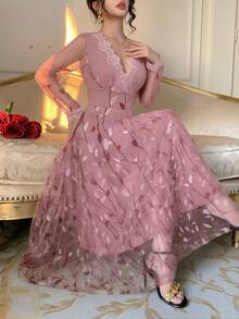 DAZY Spring & Summer Rhinestone Shiny Elegant Lace Midi Dress, Suitable For Valentine's Day, Wedding, Party, Formal Occasion, Slim Fit, Black Sundress - Pink - View 2