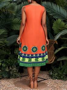 SHEIN Lady Petite Lady Petite Women's Floral Print Sleeveless Casual Midi Dress,Orange Summer Boho Tropical Vacation Holiday Beach Outfits Elegant Spring Summer Clothes - Multicolor - View 2