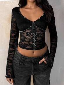 TRNVIE Women's Elegant Rivet Lace Hook Decor Fitted T-Shirt Black Black See Through Top Black Sexy Tops Black Mesh Top Black Lace Long Sleeve Top - Black - View 6