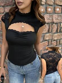 Elyressa Lace Patchwork Round Neck Capped Sleeve Hollow Out Floral Lace Trim Sheer Back Fashionable Women T-Shirt - Black - View 4