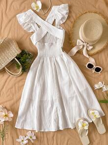 Teen Girl Beach Vacation Style White Square Collar Colorful Ruffle Splice Cap Sleeve Waist Cinched A-Line Dress, Suitable For Holiday Wear - White - View 7