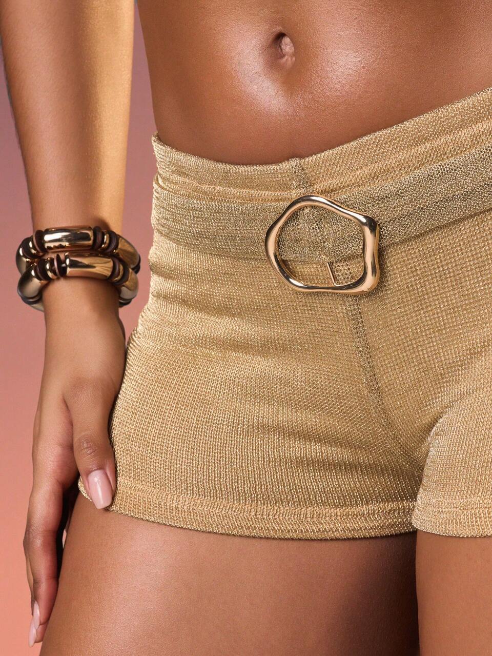 MISSGUIDED Luxurious High Waist Micro Shorts With Gold Metallic Finish And Statement Belt Detail For Evening Occasions And Festival Wear