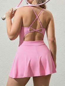 SHEIN Sovereign Charm Váy hai dây hở lưng màu trơn dành cho nữ cỡ lớn - Hồng - Xem 2