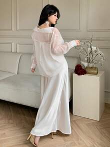 DAZY Women's Sheer Long Sleeve Loose Blouse And Long Satin Slip Dress Elegant 2 Pieces Set - Champagne - View 3