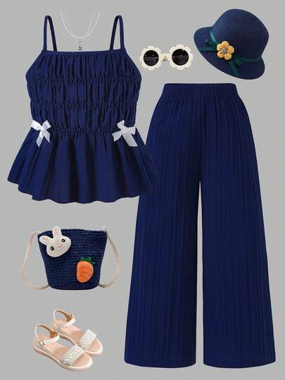 Souflis Souflis Conjunto de camiseta de tirantes con estampado de lazo a rayas y pantalones anchos fluidos para niña, verano