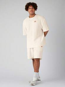 Manfinity VCAY 2pcs/Set Plus Size Men's Knit Casual Loose Drop Shoulder Short Sleeve T-Shirt And Drawstring Waist Straight Leg Shorts Set, Suitable For Summer - Apricot - View 2