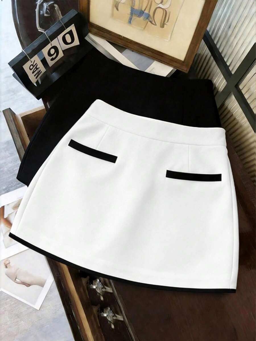 Franclia Women's Fashion White Crisp Fabric Black & White Contrast Pocket Trim Design Commuter Versatile Minimalist Daily Streetwear Simplistic Office Skirt Shorts - White - View 1