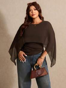 Elaquor 大码女士棕色休闲上衣，优雅休闲女装，新年女装，适合日常穿着、外出、通勤，秋冬季蝙蝠袖上衣，咖啡棕色上衣 - 棕色 - 查看 2