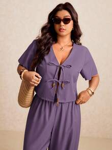 Elaquor Plus Size Purple V-Neck Raglan Short Sleeve Loose 2 Pieces Set Holiday Vacation Summer Tropical Boho - Purple - View 5