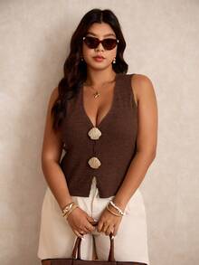 Elaquor Plus Size Vintage Shell Decor Ribbed V-Neck Tank Top, Summer - Brown - View 5