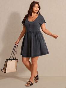 Elaquor Plus Size Women Casual Washed Short Sleeve Dress, Spring/Summer Casual Vacation Dress For Women, Summer Dresses - Black - View 6