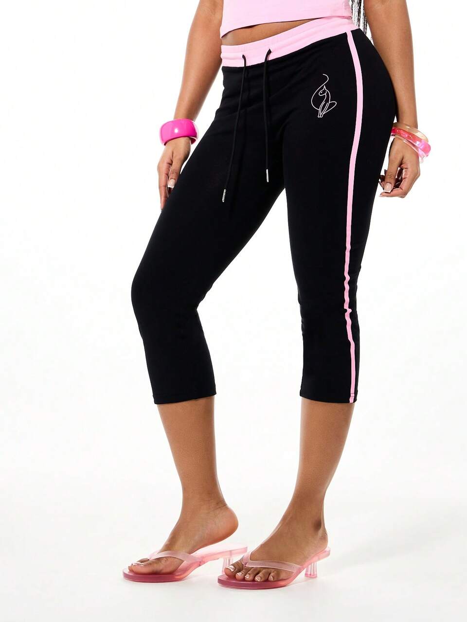 BABYPHAT Women's High Rise Capri Leggings With Script Logo Detail And Pink Contrast Waistband For Casual Everyday Comfort