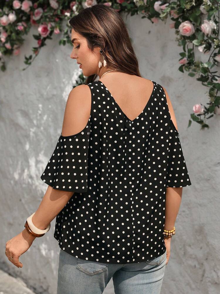 Plus Size Women's V-Neck Polka Dot Print Casual Shirt, Summer/Summer/Vacation/Elegant, Summer Tops, Elegant Tops For Women,Polka Dot Top ,Casual Outfit For Women Cold Shoulder Blouse Polkadot Top Black Summer Top Summer Casual Tops Cute Blouses For Women,Polka Dot Tops Black And White Polka Dot Top Cold Shoulder Tops For Women Polka Dots Top Polka Dot Cold Shoulder Top Boutique Tops For Women Blouse For Women Casual Elegant Casual Tops For Women Elegant Polka Dot Tops For Women Trending Tops For Women Latest Tops For Women New Arrivals Women's Tops For Summer Women's Tops And Blouses