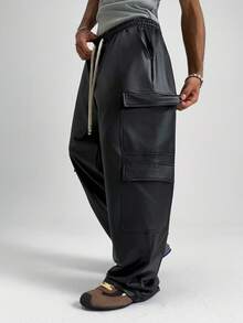 PAVTROS Men's Black PU Leather Pants,Loose Straight Leg & Baggy Wide Trousers,Autumn Streetwear Work Style,Oversized Vintage Y2k Pants For Party, - Black - View 4