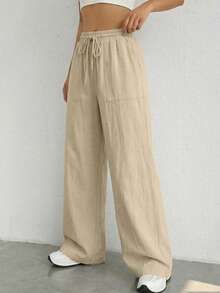 SHEIN EZwear 女士春夏新款杏色梭织休闲日常通勤简约纯色抽绳腰宽松阔腿裤 - 杏色 - 查看 2