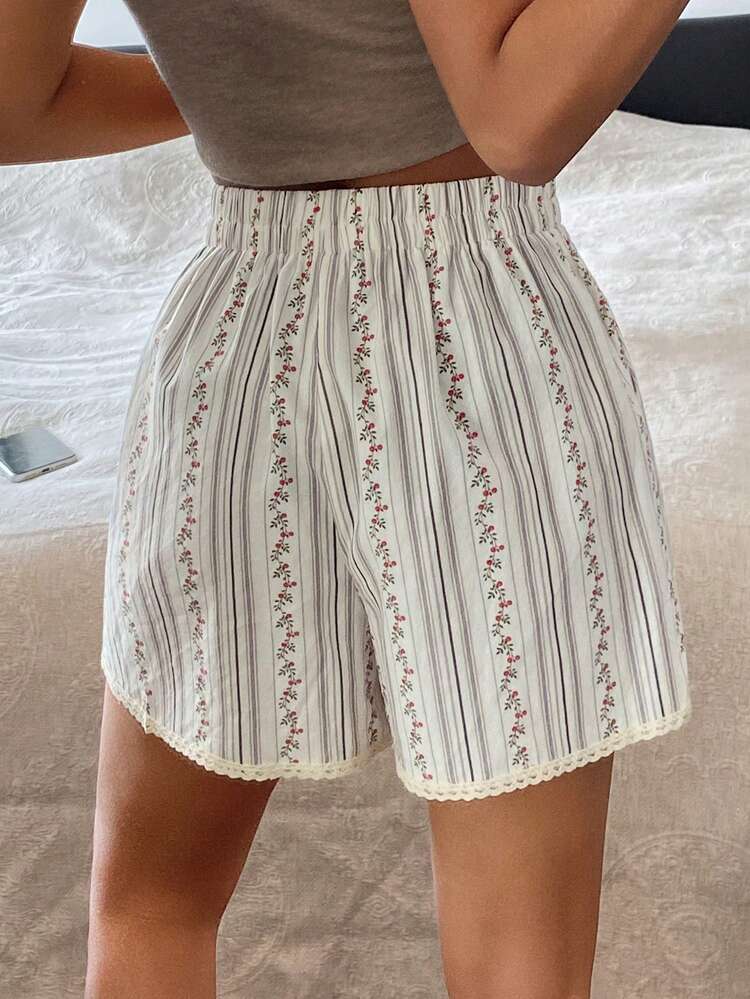 Women's Striped Floral Lace Trim Shorts Pajama Bottom