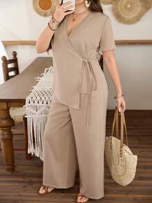 Lacomfia Light Brown Wide Leg Pants Set/Casual Commuter/V-Neck Tie Waist Solid Color Elegant Plus Size 2 Piece Set Pant Suit Summer Sets - Khaki - View 3