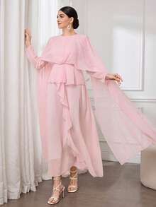 Al Najma French Design Ruffle Hem Flare Sleeve Women Dress - Pink - View 3