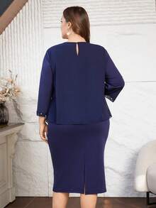 Lacomfia 优雅珍珠装饰七分袖圆领大码连衣裙，适合春夏各种场合 - 藏蓝色 - 查看 2