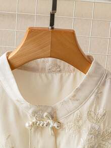 SHEIN PETITE CURVE Apricot Short Sleeve Mandarin Collar Embroidered Fabric Access Control Chinese Style Button-Up Shirt, New Chinese Style, National Style, Plus Size - Apricot - View 3