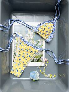 Swim Mod Women's Sexy Beach Vacation Ditsy Floral Patchwork Plaid Frill Trim Backless Tie Front Bikini Set Set - Multicolor - View 7