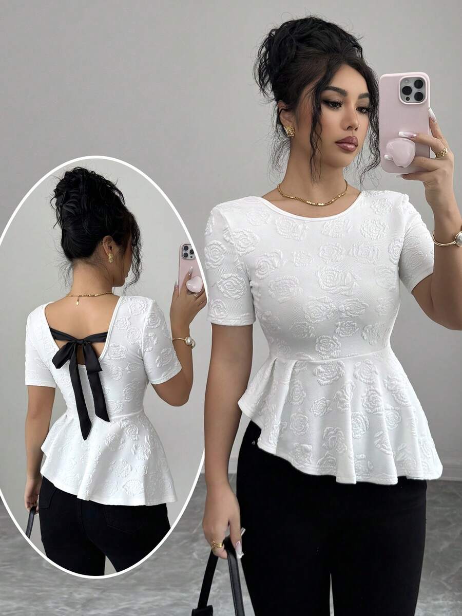 SHEIN Elenzya Elegant Rose Jacquard Satin Bow Tie Waist Irregular Ruffle Hem Women Short Sleeve T-Shirt - White - View 1