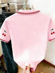 Resyla 女士休闲拼接条纹饰边 Polo 领樱桃印花短袖 T 恤，夏季 - 彩色 - 查看 2