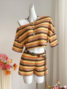 SHEIN EZwear 2件套女士不对称领锯齿条纹针织短袖上衣和短裤休闲套装 - 彩色 - 查看 8