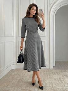 Miaspire Women's Elegant Plaid Mid-Length Dress For Commuting,Fall Dresses For Women - Black and White - View 3