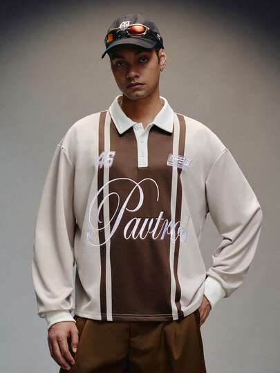PAVTROS Men's Casual Personalized Fashion Letter & Number Contrast Color Print Loose Fit Long Sleeve Polo Shirt, Spring/Autumn College Style Pattern Polo Men White And Brown Graphic Shirt Men S Long Sleeve Polo Rugby Long Sleeve For Men Beige Graphic Shirt
