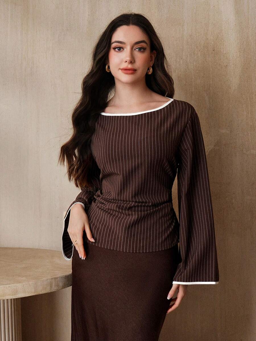 Graceveil 女士休闲度假通勤条纹印花荷叶边喇叭袖收腰衬衫，春秋季 - 彩色 - 查看 1