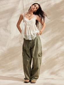 Easelle Áo tank top nữ dáng rộng, thoải mái, phối ren phong cách Bohemian lãng mạn - Màu be - Xem 7