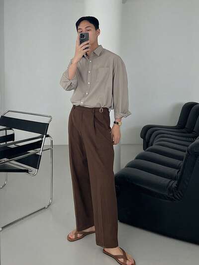 メンズ ロング無地パンツ ブラウン 春