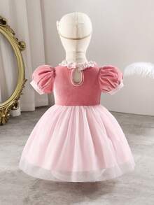 Glamorique Kids 女童连衣裙，宝宝生日装，蝴蝶结，天鹅绒，优雅丝绸，春季，夏季，舞会礼服，优雅派对礼服，幼儿连衣裙，女宝宝公主裙，女宝宝派对礼服，粉色女宝宝连衣裙，女宝宝连衣裙 - 粉色 - 查看 2