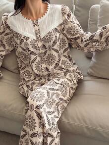 DAZY Floral Print Contrast Color Patchwork Loose Women Pajama Set - Camel - View 4