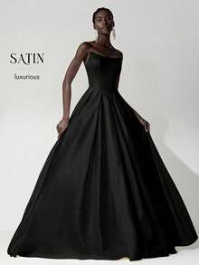 SHEIN Belle Đầm maxi nữ thanh lịch, lãng mạn màu đen bằng satin, không dây vai, phần thân trên xếp ly, dây buộc phía sau có thể điều chỉnh, đường may tinh tế, phù hợp cho tiệc tùng, sự kiện trang trọng, hẹn hò. - màu đen - Xem 8