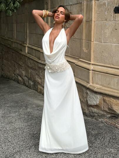 Aloruh Women's Spring/Summer New Sequin Patchwork White Dress, Suitable For Wedding, Holiday, Party, Evening Occasions