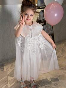 Dazy Kids Vestido elegante de unicolor con parches de malla bordada para niña, ideal para vacaciones de verano - Blanco - Ver 5