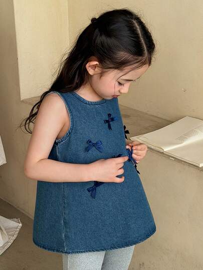 DAZY Girls (Small) Denim Top With Bow Decor, Fall Clothes