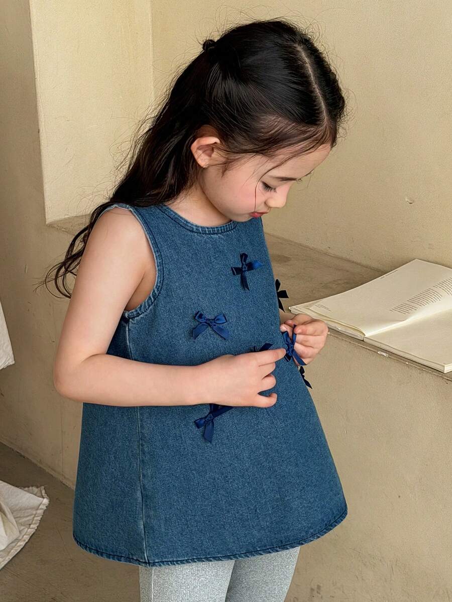 DAZY Áo denim cho bé gái với nơ trang trí, trang phục mùa thu. - Màu xanh lam - Xem 1