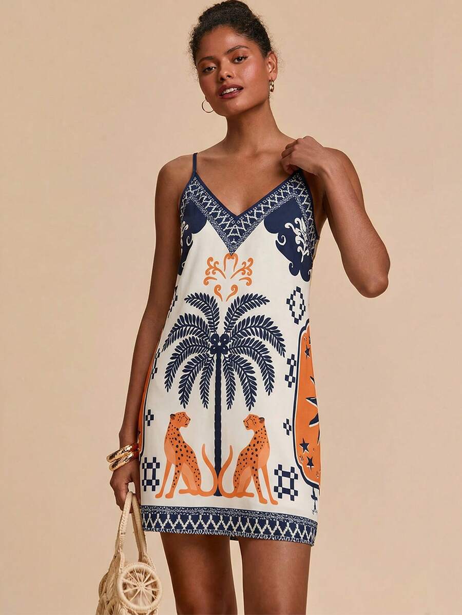 Travachic Women Boho Tropical Print Sleeveless Mini Tunic Dress With Spaghetti Strap Neckline And Wrap Details - Multicolor - View 1