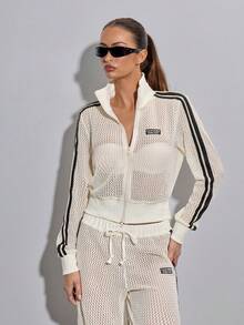 SHEIN ICON 女士休闲条纹拼接拉链立领轻薄外套，夏季 - 杏色 - 查看 4