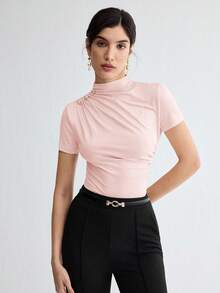 BizChic Spring/Summer New Shallow V-Neck Shoulder Ruched Metal Button Decor Fitted Waist Women's T-Shirt, Suitable For Office, Formal, Elegant Urban Commute, Daily Casual, Romantic 90s Retro, Party, Wedding Guest, Bridesmaid, Hostess, Outing, Social, Date, Party, Concert, Graduation, Breakfast, Airport - Pink - View 3