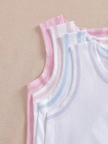 Young Girls Multicolor Plain Sleeveless Fitted Round Neck Basic Cotton Undershirt With Contrast Trim - Multicolor - View 5