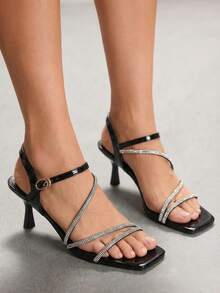 CUCCOO SZL 女士时尚红色缎面亮面水晶装饰双带套脚穆勒中跟凉鞋，舒适百搭，适合工作、约会、派对、度假等场合。 - 黑色11 - 查看 6