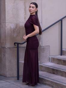 Andrea Bello Elegant Ruched Skirt Bodycon Dress, Suitable For Cocktail Party, Romantic Date, Autumn/Winter Layering, Party, Formal Gathering, Halloween, Christmas - Maroon - View 5