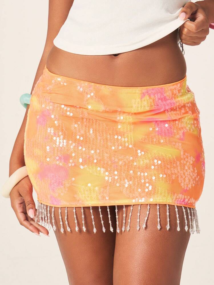 MISSGUIDED Sequin Embellished Mini Skirt With Fringe Hem Detail Metallic Shimmer Party Club Festival